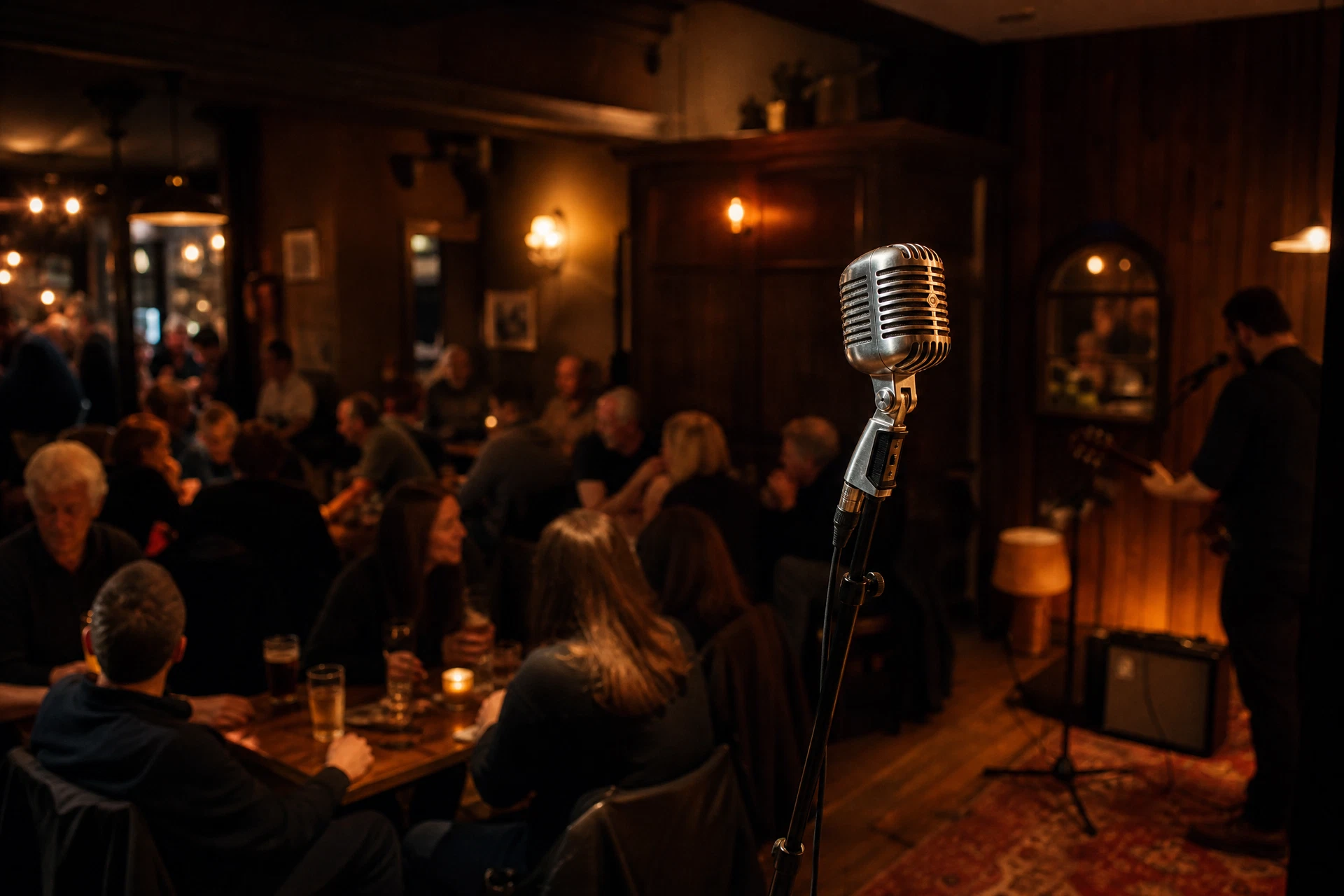 A warmly lit microphone at a lively local pub performance